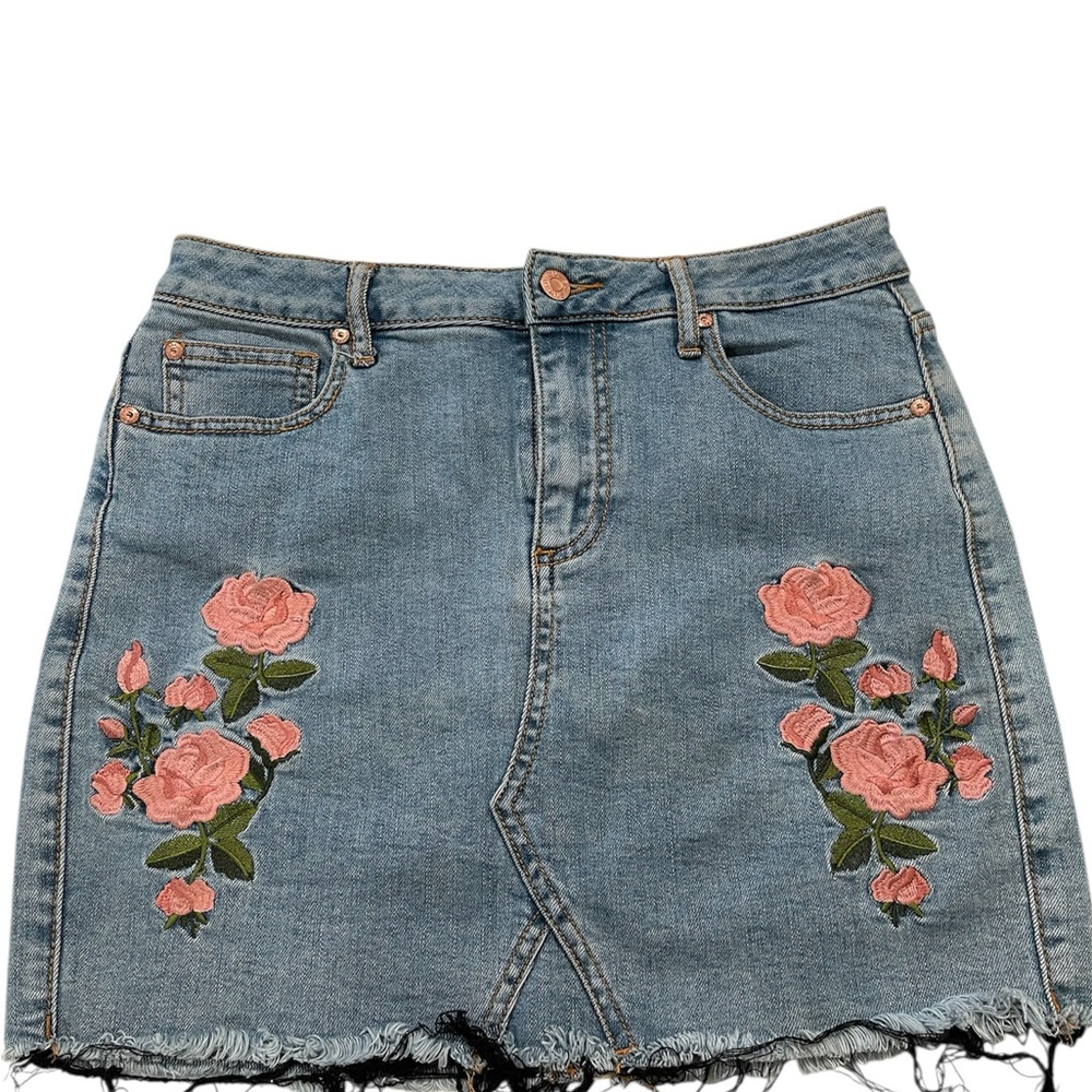 GUESS Embroidered Denim Skirt - Blue with Pink Floral Accents - Picture 3 of 5